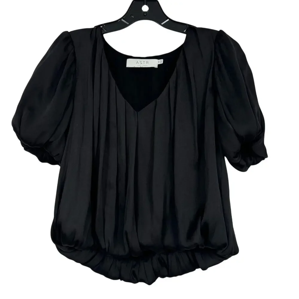 Astr The Label Satin Short Sleeve Blouse Womens XS Bubble Hem Puff Sleeve Shirt